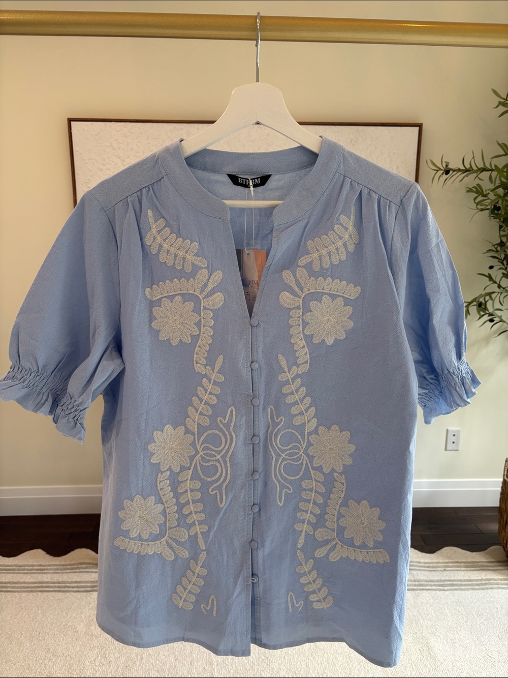 Amazon Light Blue Embroidered Button-Front Blouse